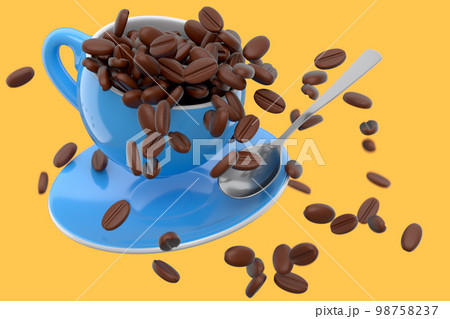 Ceramic coffee cup with coffee beans for americano, espresso, latte on yellow 98758237
