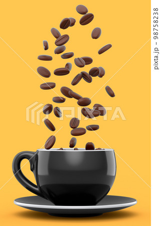 Ceramic coffee cup with coffee beans for americano, espresso, latte on yellow 98758238