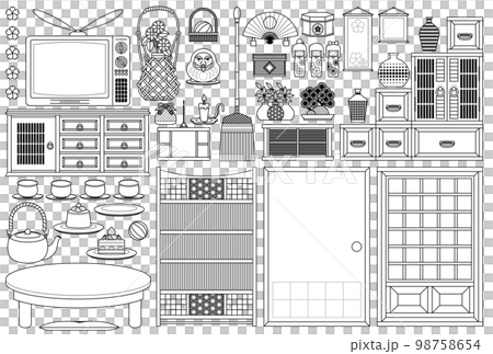 日式房間昭和復古裝飾插圖日式設計“日本家具和日本雜貨（著色線描）” 98758654