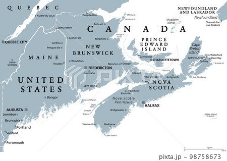 The Maritimes region of Eastern Canada, also called Maritime provinces, gray political map, with capitals, borders and large cities. The provinces New Brunswick, Nova Scotia, and Prince Edward Island. 98758673