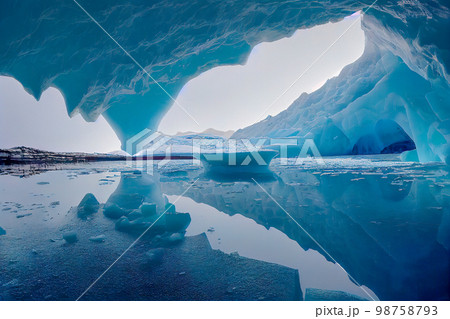 Entrance of a Flooded Ice Cave with Ice-covered Walls, Roof, and Floor that Emit a Blue Light, and Unique Crystal Formations 98758793