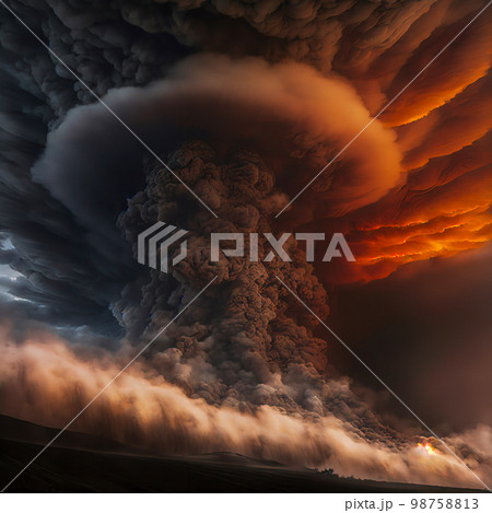 A Volcano Erupting with Plumes of Smoke, Ash, and Shockwaves 98758813