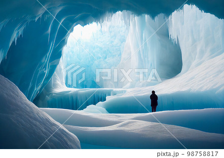 A Person Standing in a Large Ice Cave Surrounded By Shimmering Walls and Ceilings of Translucent Ice, Creating an Ethereal Atmosphere and A Sense of Awe for the Beauty and Power Of Nature 98758817