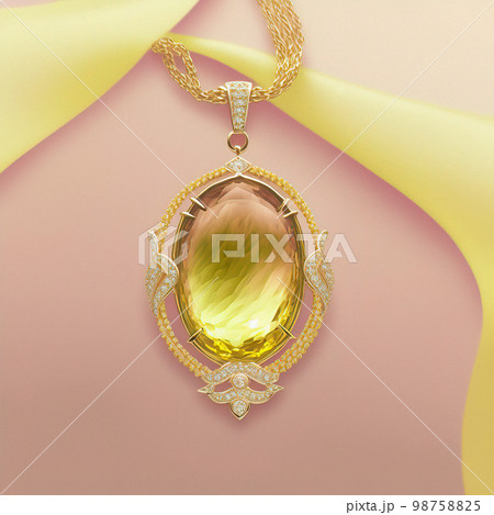 Yellow Gold Pendant with Bright and Vibrant Lime Quartz Center Stone, surrounded by Glittering Diamonds 98758825