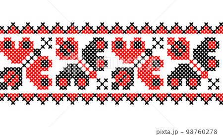 Butterfly vector seamless border. Ukrainian traditional embroidery of butterfly border in red and black colors. Pixel art, vyshyvanka, cross stitch 98760278