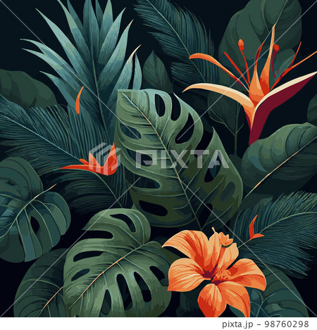Green tropical forest background monstera leaves, palm leaves, branches. Exotic plants background for banner, template, decor, postcard. Abstract foliage and botanical wallpaper - Vector 98760298