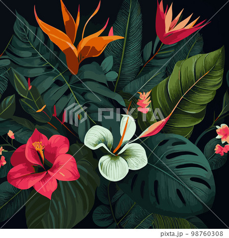 Green tropical forest background monstera leaves, palm leaves, branches. Exotic plants background for banner, template, decor, postcard. Abstract foliage and botanical wallpaper - Vector Green tropical forest background monstera leaves, palm leaves, branches. Exotic plants background for banner, template, decor, postcard. Abstract foliage and botanical wallpaper - Vector 98760308