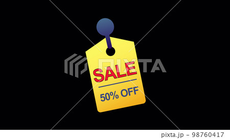 Animated Discount Tag -50 percent of Sales on black background. Marketing promotion shopping video. Sale discount and retail business concept. 3d animation cartoon. 98760417