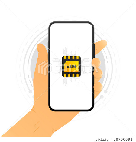 eSIM modern chip. Mobile device with a chip eSIM. Embedded virtual SIM. Mobile communication technology concept. Vector illustration. 98760691
