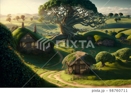 Fantasy village scene AI generative	 98760711