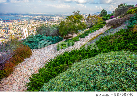 Idyllic view on Bahai Gardens and town Haifa and port in left side Idyllic view on Bahai Gardens and town Haifa and port in left side 98760740