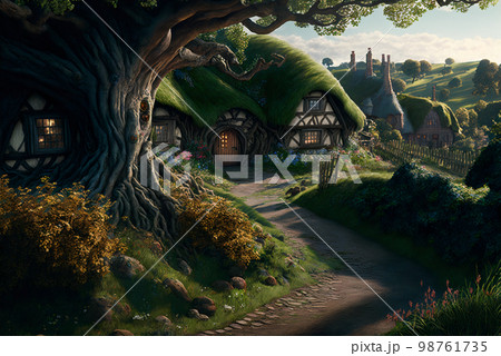 Fantasy village scene AI generative 98761735