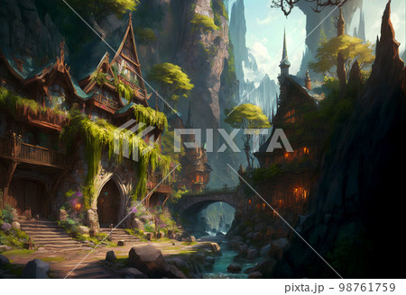 Fantasy stronghold or town overgrown with plants scene AI generative	 98761759