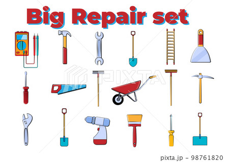 Big set of construction tool icons for home repair and garden tools: hammer, screwdriver, shovel, rake, saw, brush, wrench, cart. Editable vector illustration Big set of construction tool icons for home repair and garden tools: hammer, screwdriver, shovel, rake, saw, brush, wrench, cart. Editable vector illustration 98761820