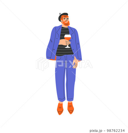 Typical French Redhead Man Character in Beret Standing with Wine and Winking Vector Illustration 98762234
