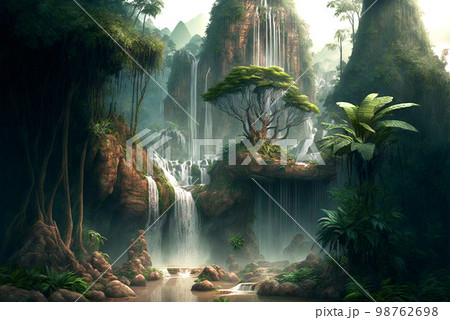 Fantasy forest waterfalls jungle scene AI Generative	 98762698
