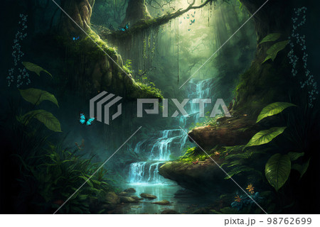 Fantasy forest or jungle with waterfall scene AI Generative	 98762699