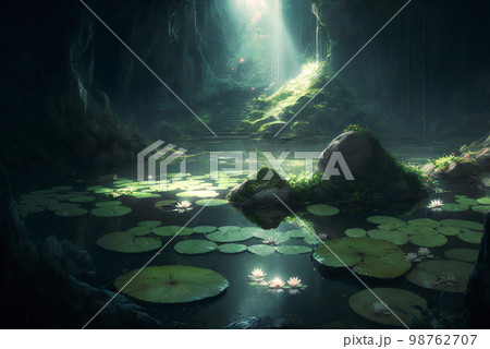 Fantasy forest pool with lily pads AI generative	 98762707