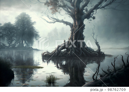 Fantasy marsh or swamp scene AI Generative	 98762709