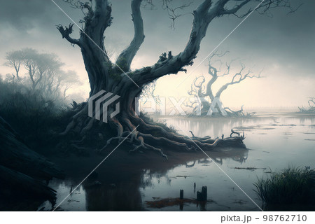 Fantasy marsh or swamp scene AI Generative	 98762710