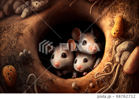 Cute mice in a hole scene Ai generative	 98762712