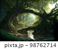 Fantasy forest path and overgrown bridge scene AI Generative	 98762714