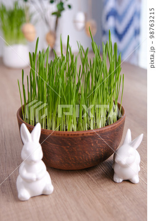 Home easter decor. Green oats, decorative rabbits and eggs 98763215