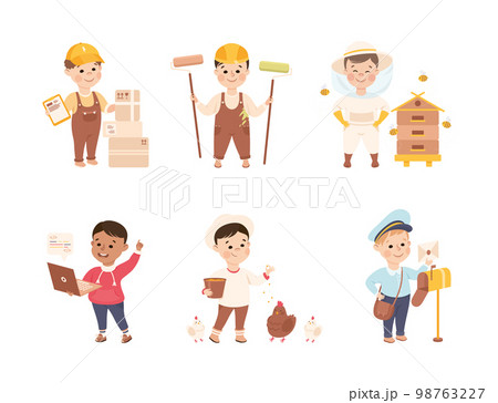 Cheerful Boy Character Depicting Different Profession Vector Set Cheerful Boy Character Depicting Different Profession Vector Set 98763227