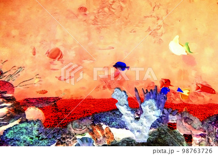 Colorful aquarium fishes in dark blue water. Abstraction. Art photo. Color inversion. Colorful aquarium fishes in dark blue water. Abstraction. Art photo. Color inversion. 98763726