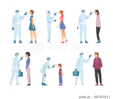 Doctors in Protective Suit Measuring Temperature of People with Body Temperature Scanner Vector Set 98763911
