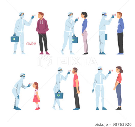 Doctors in Protective Suit Measuring Temperature of People with Body Temperature Scanner Vector Set 98763920