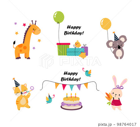 Cute Animal Characters Celebrating Birthday Holiday with Cake, Gift and Balloons Vector Set 98764017