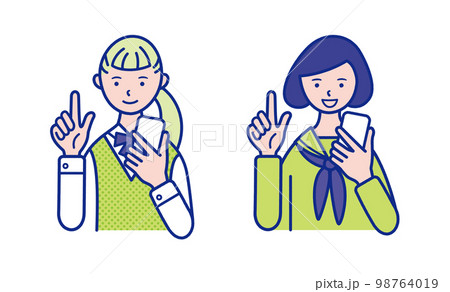 スマホを持った女子学生の上半身のイラスト素材【セット】 98764019