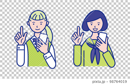 スマホを持った女子学生の上半身のイラスト素材【セット】 98764019
