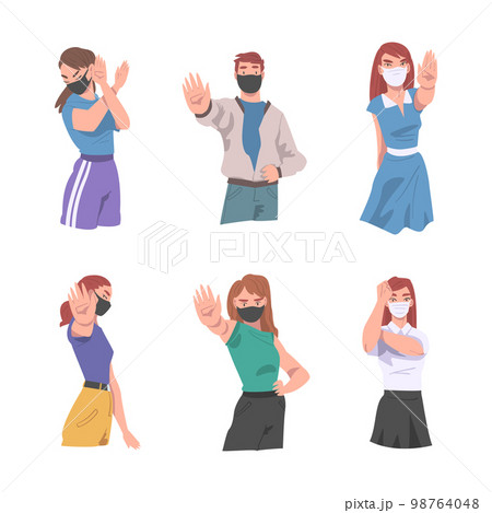 Man and Woman Wearing Medical Face Mask Showing Stop Virus Sign with Their Hands Vector Set Man and Woman Wearing Medical Face Mask Showing Stop Virus Sign with Their Hands Vector Set 98764048