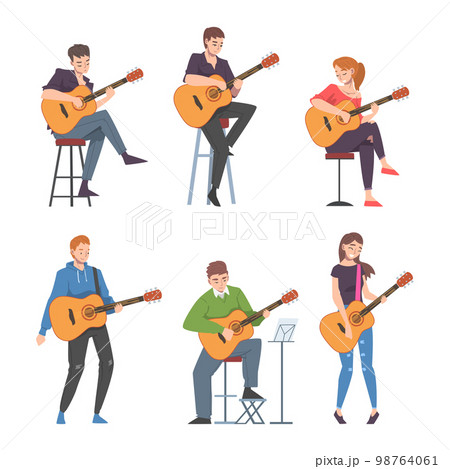 Young Man and Woman Musician Guitarist Character Playing Guitar Performing Street Concert Vector Set 98764061
