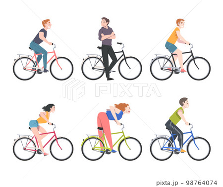 Happy People Characters on Bicycle Enjoying Vacation or Weekend Activity Vector Illustration Set Happy People Characters on Bicycle Enjoying Vacation or Weekend Activity Vector Illustration Set 98764074