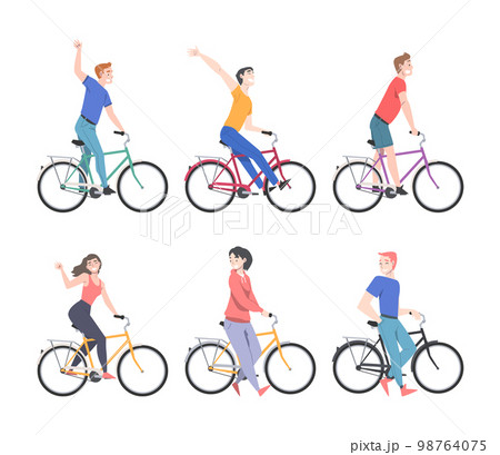Happy People Characters on Bicycle Enjoying Vacation or Weekend Activity Vector Illustration Set Happy People Characters on Bicycle Enjoying Vacation or Weekend Activity Vector Illustration Set 98764075
