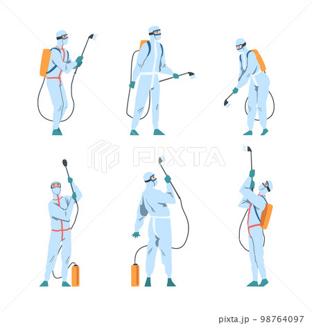 People in Protective Antiviral Suit Spraying Disinfectant Agent as Preventive Measure Against Spread of Coronavirus Disease Vector Set 98764097