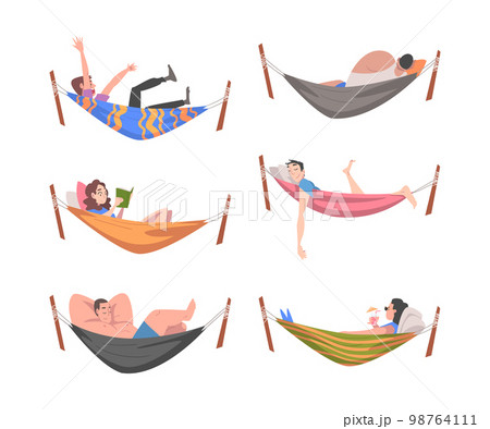People Characters Resting in Hammock Reading Book and Sleeping Vector Illustration Set 98764111