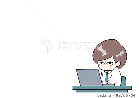 パソコン作業をする眼鏡を掛けた男性　身なりの整ったビジネスマン　イラスト　余白スペース　白背景 98765704