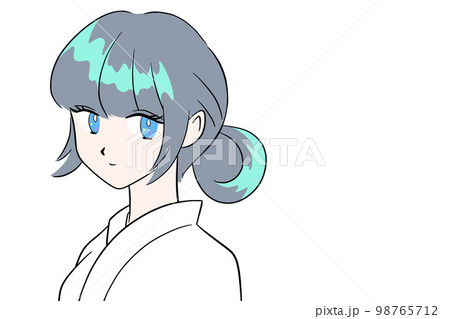 白い着物を着た女性　手描きイラスト　白背景　シンプル　ひとつ結び　髪を束ねた 98765712