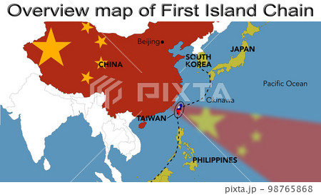 Overview map of first island chain between Japan, South Korea, Taiwan, Philippines and China 98765868