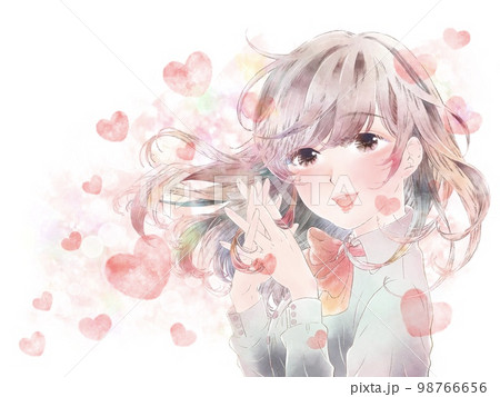胸の前で手を組む少女/笑顔/ハート付き/ピンク背景 98766656