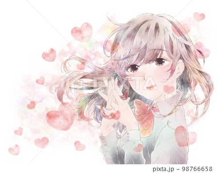 胸の前で手を組む少女/微笑み/ハート付き/ピンク背景 98766658