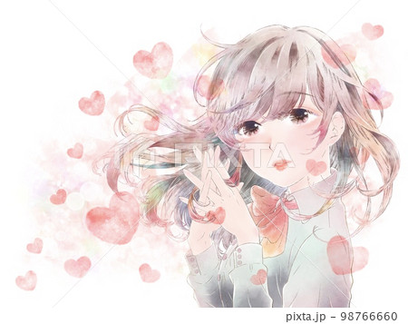 胸の前で手を組む少女/無表情/ハート付き/ピンク背景 98766660