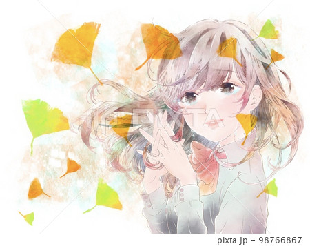 胸の前で手を組む少女/泣き顔/イチョウ付き/イエロー背景 98766867