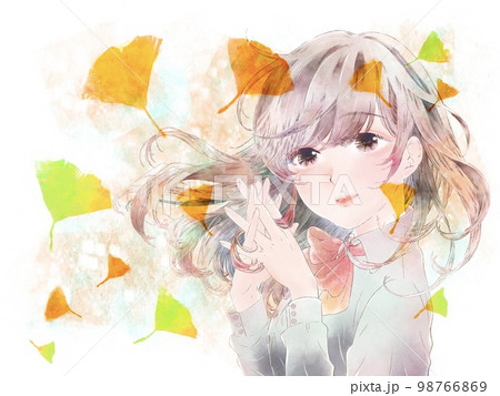 胸の前で手を組む少女/微笑み/イチョウ付き/イエロー背景 胸の前で手を組む少女/微笑み/イチョウ付き/イエロー背景 98766869