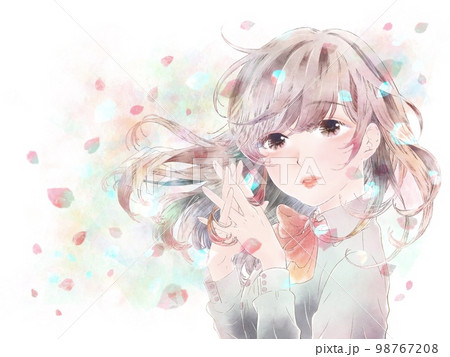 胸の前で手を組む少女/無表情/サクラ/パステル背景 胸の前で手を組む少女/無表情/サクラ/パステル背景 98767208