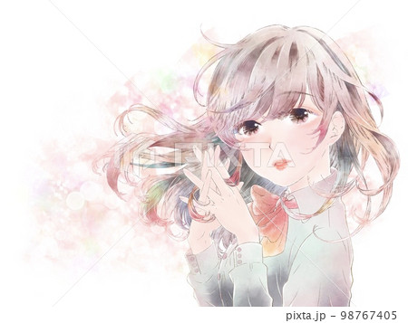 胸の前で手を組む少女/無表情/ピンク背景 98767405